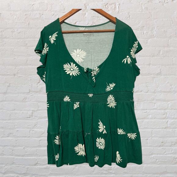 Torrid Super Soft Knits Plus Green Floral Tie Front Keyhole Babydoll Top 1X - Picture 1 of 10